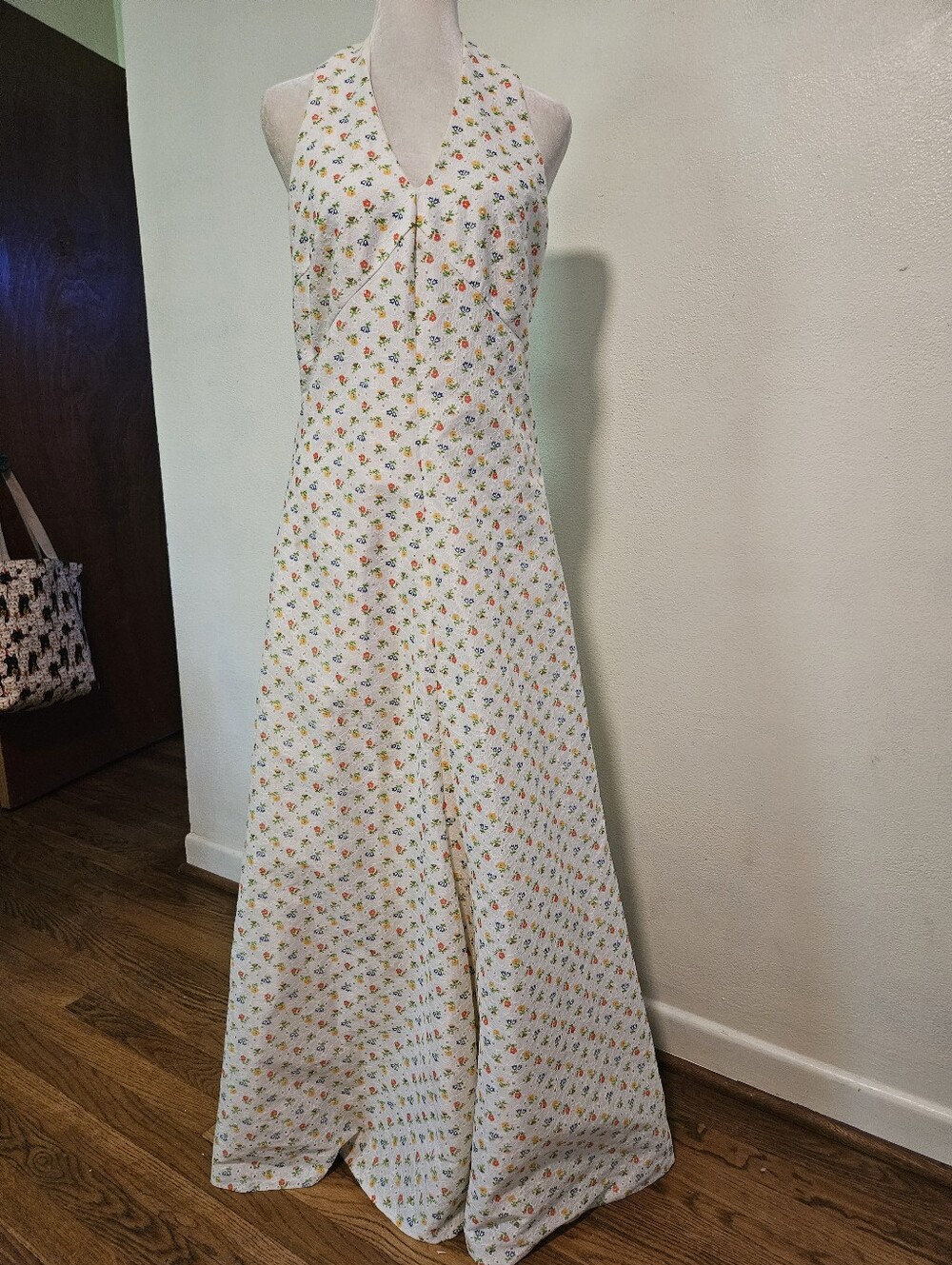 '70S Homemade Floral Eyelet Halter Maxi Large
